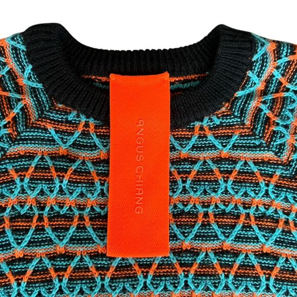 Angus Chiang Men’s Unisex Chunky Knit Interwoven Neon Orange Blue Hearts Sweater - Picture 3 of 7
